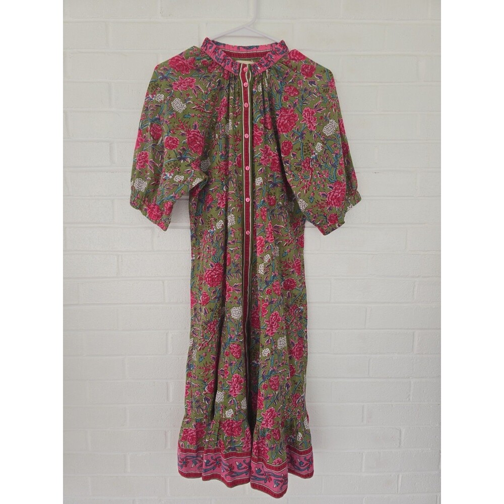 Lola Australia Pacific midi dress pink/green floral button-down XS Cotton